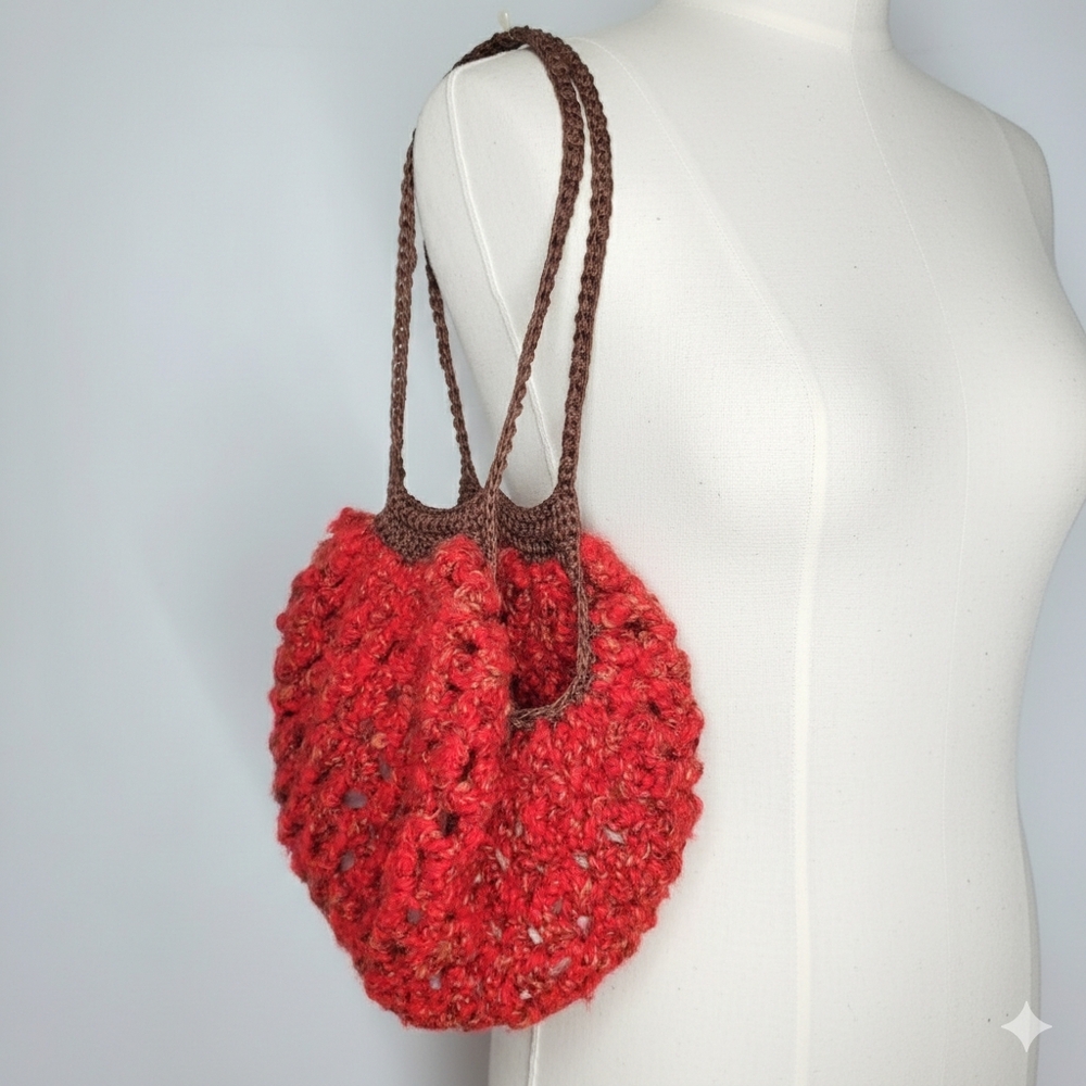 Handmade Mini Farmers Market Bag Crochet French Net Beach Handbag Red Brown
